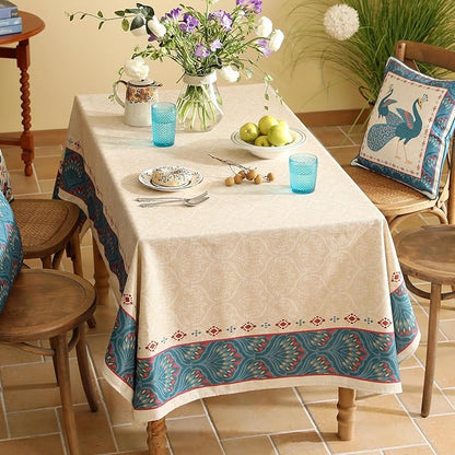 Vintage Beige Linen Long Rectangle Tablecloth,Paisley Farmhouse Feather Floral Pattern Table Cloth,Decor Table Cover for Kitchen,Dining,Thanksgiving,Christmas,63"*94"-Dorodango F
