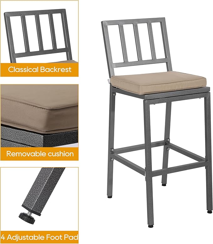 Outdoor Patio Bar Set, Bar Height Patio Dining Set, Weather-Resistant Bistro Counter Pub Set with Cushions & Slatted Tabletop for Backyard (Gray, 63" Table, 6 "I Style Stool)
