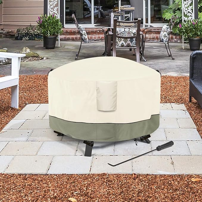 Fire Pit Cover,Outdoor Heavy Duty 600D 100% Waterproof Fire Pit Cover Round,Weatherproof Firepit Covers Round 48" Dia x 24" H,Beige