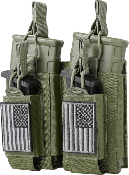 Open-Top Single/Double/Triple Molle Mag Pouch for 5.56mm M4 M16 AK AR Glock M1911 9mm Elastic Rifle Magazines Pistol Mag Pouches Holder Carrier with USA Flag Patch