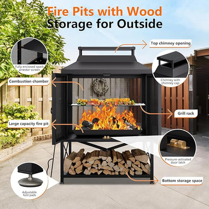 2-in-1 Metal Chiminea Fireplace with Grill,Wood Burning Outdoor Fireplace with Wood Storage, Chimney,Metal Mesh Spark Screen,and Fire Tongs Ideal for Yards,Patios, Gardens,Camping,and Picnics