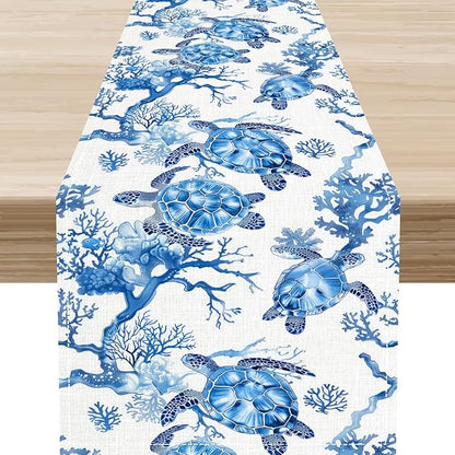 Sea Turtle Table Runner, Summer Coastal Nautical Coral Undersea Tropical Rustic Farmhouse Coffee Table Center Decor for Home Kitchen Dining Patio Holiday Party Table Decorations 13"x36"