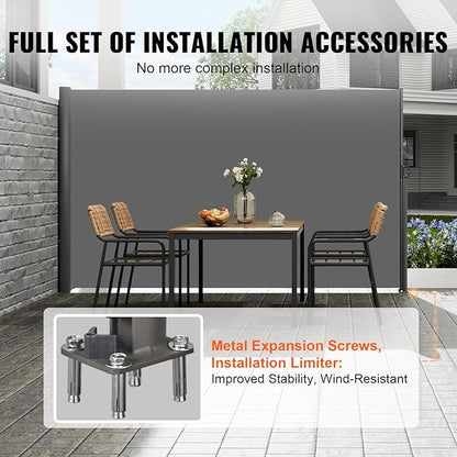 VEVOR Retractable Side Awning, UV 50 71''x118'' Full Aluminum Rust-Proof Outdoor Privacy Screen, 280 g Thicken Folding Room Divider Fence & Wind Screen for Backyard, Balcony, Roof Terraces, Grey