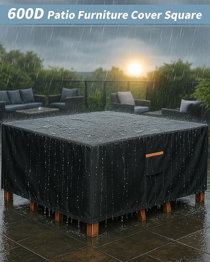 Outdoor Waterproof Furniture Cover, 54W x 54L x 28H inches Heavy Duty 600D Square Table and Chair Set Protection, Black