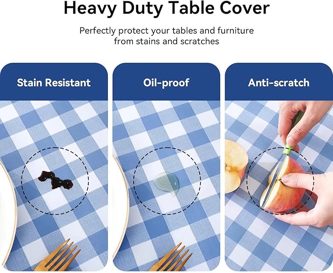 Romanstile Rectangle Vinyl Tablecloth, 100% Waterproof Buffalo Gingham Plastic Table Cloth, Heavy Duty Wipeable Checkered Table Covers for Outdoor, Camping, Picnic, Patio - 54 x 120, Light Blue