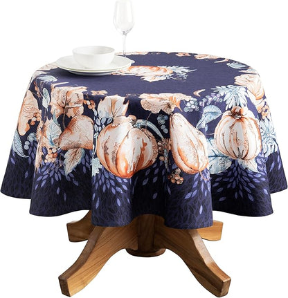 Maison d' Hermine Table Cloth Round Table 100% Cotton 63 Inches Fall Tablecloth Reusable Everyday Use for Thanksgiving Christmas Decorations Dining Farmhouse Party (Pumpkin Blues)