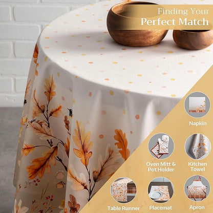 Maison d' Hermine Table Cloth Round Table 100% Cotton 63 Inches Fall Tablecloth Reusable Everyday Use for Thanksgiving Christmas Decorations Dining Farmhouse Party (Oak Leaves)