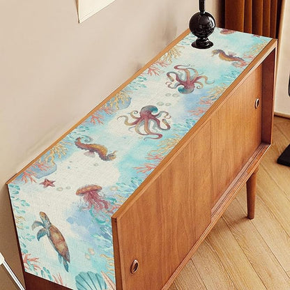 Blue Coastal Table Runner, Nautical Starfish Turtle Seashell Coral Shell Beach Ocean Dining Table Runner for Coffee Table Home Party Decor 13"x90"