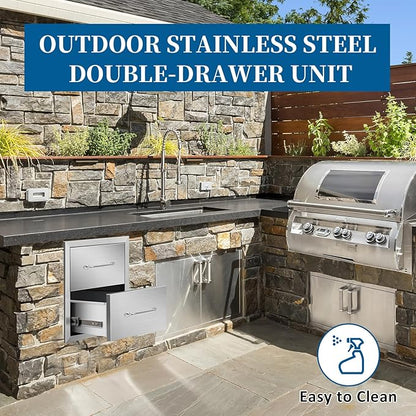 Outdoor Kitchen Drawers 14"Wx15"Hx23"D Flush Mount Access 2-Drawer BBQ Stainless Steel Drawers with Handle for Outdoor Kitchen Island or Grill Station