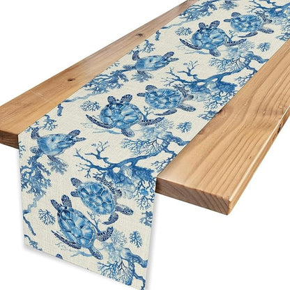 Sea Turtle Table Runner, Summer Coastal Nautical Coral Undersea Tropical Rustic Farmhouse Coffee Table Center Decor for Home Kitchen Dining Patio Holiday Party Table Decorations 13"x72"