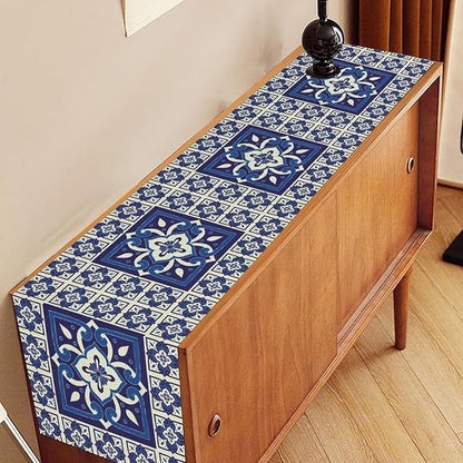 Mexican Table Runner, Blue Floral Birds Mexico Talavera Tiles Ceramic Dia De Los Muertos Coffee Table Center Decor for Family Kitchen and Dining Farmhouse Indoor Outdoor Table Decorations, 13"x90"