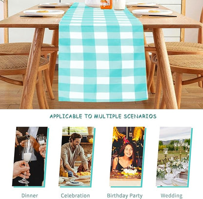 Fabric Checkered Table Runner 12 Pack Waterproof Gingham Table Runner 14W x 108L Buffalo Check Table Runners for Parties Kitchen Dining Wedding Banquet (Aqua and White)