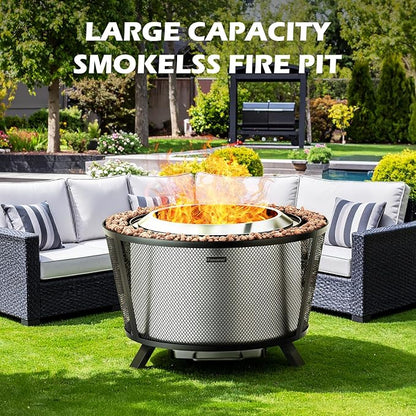 29” Large Capacity Smokeless Fire Pit for Outside,Heavy‑Duty Wood Burning Firepit with Dual‑Wall Design, Mesh Shield, Pull‑Out Ash Pan, Stylish Patio for Backyard Gatherings