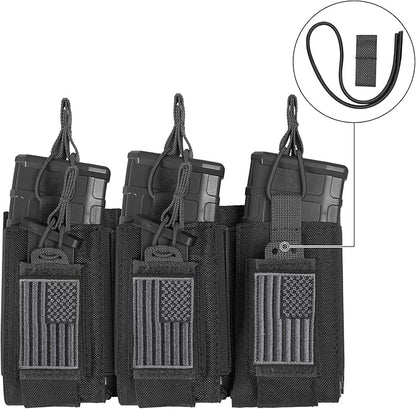 Open-Top Single/Double/Triple Molle Mag Pouch for 5.56mm M4 M16 AK AR Glock M1911 9mm Elastic Rifle Magazines Pistol Mag Pouches Holder Carrier with USA Flag Patch