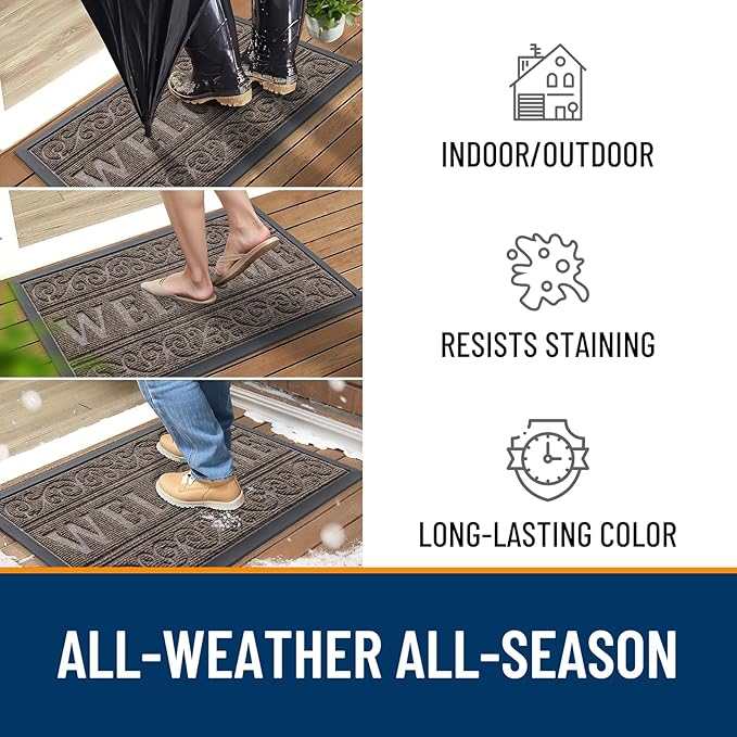 OLANLY Welcome Door Mat Indoor Outdoor Entrance, Heavy Duty Sturdy Front Door Mat, Waterproof All-Weather Doormat, Stain Resistant, Low Profile, Easy Clean Patio Entryway Mat, 29.5 x 17, Medium Brown
