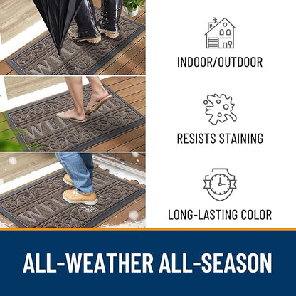 OLANLY Welcome Door Mat Indoor Outdoor Entrance, Heavy Duty Sturdy Front Door Mat, Waterproof All-Weather Doormat, Stain Resistant, Low Profile, Easy Clean Patio Entryway Mat, 36 x 24, Medium Brown