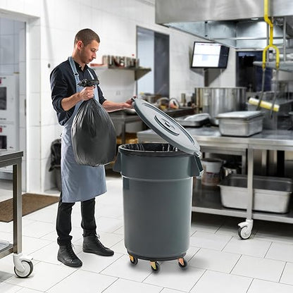 PRO&Family Commercial Round Trash Can with Lid and Dolly Rolling Waste Container, Ingredient Bin, Heavy-Duty Plastic, Anti-Static, Kitchen, Office, Outdoor Use (Gray, 44 Gallon)