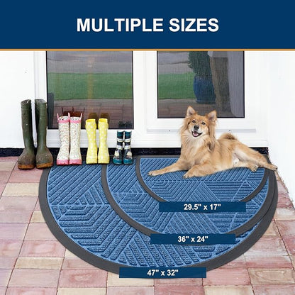 Smiry Half Circle Front Door Mat Outside Entrance, Heavy Duty Sturdy Natural Rubber Doormat, Trap Dirt and Moisture, Low Profile Mats for Indoor Outdoor Entry, Irregular Triangle (47x32, Blue)
