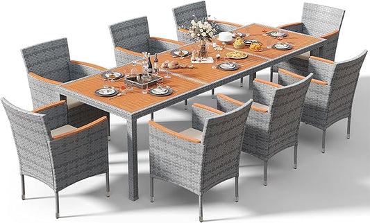 Devoko Outdoor Patio Dining Sets 9 Pieces Wicker Outdoor Dining Table and Chairs Set with Acacia Wood Table Top and Widened Armrests for Backyard, Garden, Deck (Grey)