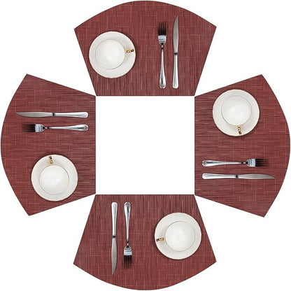 SHACOS Small Round Table Placemats Set of 4 Wedge Placemats Burgundy Red Heat Resistant Table Mats Wipe Clean (4, Burgundy Red)