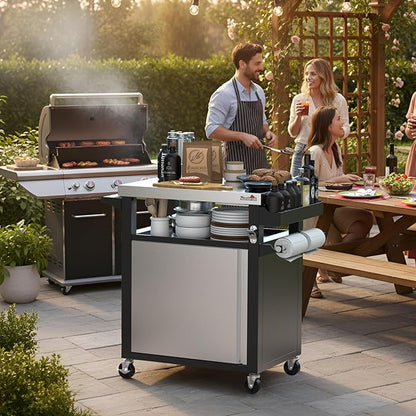 Stanbroil Rolling Grill Table Cart with Storage Cabinet, 3-Shelf Movable Prep Table Outdoor Bar, Multifunctional Grill Cart with Stainless Steel Tabletop, Paper Towel Holder