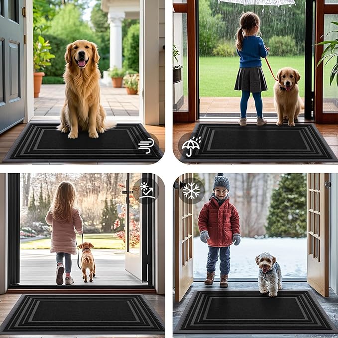 Buganda Front Door Mat Indoor Outdoor Entrance, Non-Slip Natural Rubber Doormats, Easy Clean, Low Profile, Dirt Trapper Entryway Floor Mats for Outside, Garages and Patios, 36x24, Black