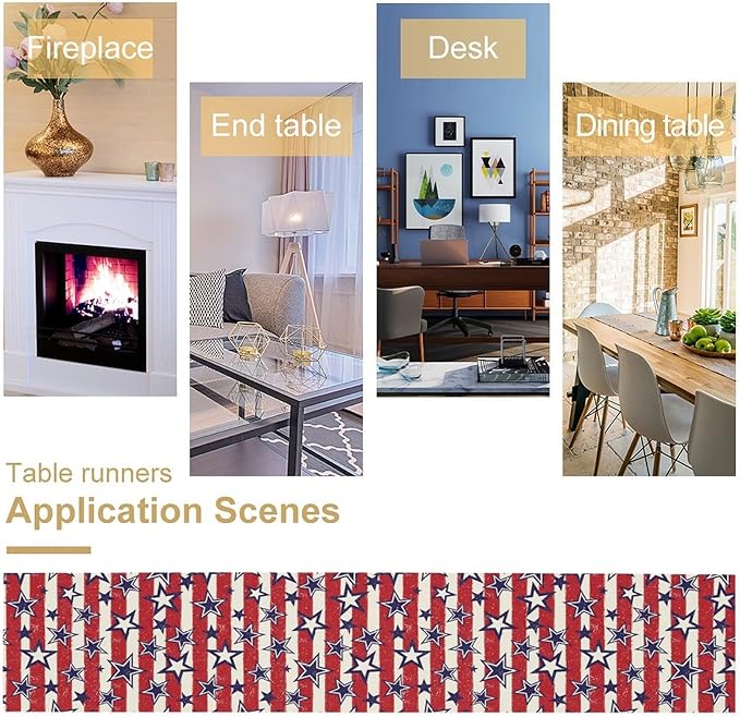 4th of July Table Runner, Vintage American Independence Day Stripes and Stars Patriotic Table Center Decor for Home Kitchen Dining Party Outdoor Holiday 13x70in