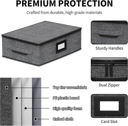 Aokeyee 2-Pack Cup and Mug Storage Box, Hard Shell China Storage Containers - Holds 24 Coffee Mugs, Tea Cups & Glasses, Stackable Organizers with Lid, Handles, Zippers & Label for Moving