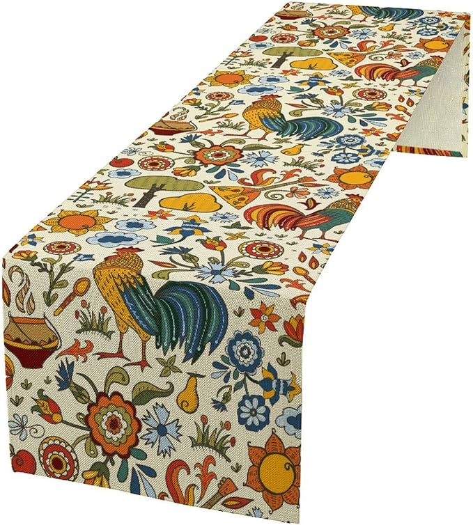 Farm Animal Table Runner, Boho Folk Style Country Rustic Farmhouse Rooster Flower Print Table Runner for Home Kitchen Dining Holiday Decor, 13x70inch