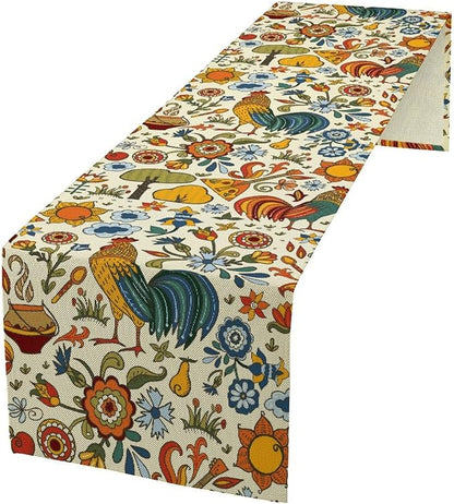 Farm Animal Table Runner, Boho Folk Style Country Rustic Farmhouse Rooster Flower Print Table Runner for Home Kitchen Dining Holiday Decor, 13x108inch