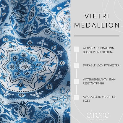 Elrene Home Fashions Vietri Medallion Blue Coastal Block Print Stain & Water Resistant Indoor/Outdoor Table or Console Runner, 13"x70"