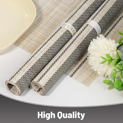 Placemats Set of 8，Non-Slip PVC Weave Table Mats Easy to Clean，Heat Resistant Place Mats for Kitchen Dining Table Decoration Indoor Outdoor，Khaki Gray