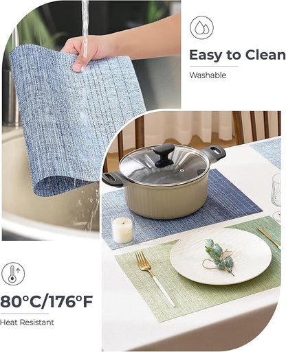 Leetaltree Gradient Blue Woven Placemats Set of 6 - Heat Resistant Non-Slip Place mats for Dining Table, Washable Durable PVC Vinyl Woven Table Mats(Gradient Blue, 6)