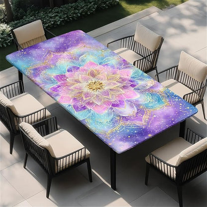 Rectangle Table Cloth Cover Waterproof Elastic Fitted Polyester Fitted Tablecloths for 6 Foot Tables for Indoor,Picnic, Camping, Outdoor （60" x 30"，Datura）