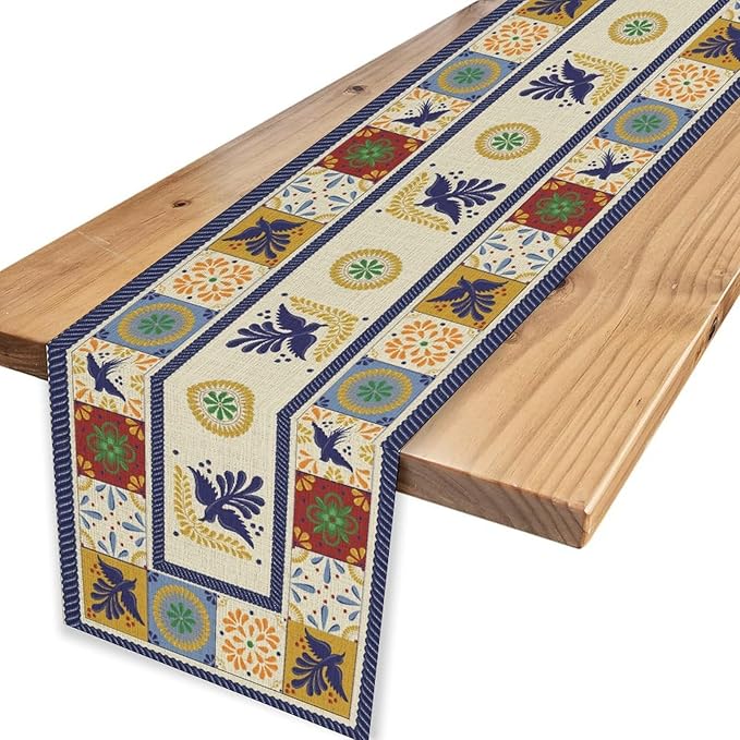 Mexican Table Runner, Blue Floral Birds Mexico Talavera Ceramic Dia De Los Muertos Coffee Table Center Decor for Family Home Kitchen and Dining Farmhouse Indoor Outdoor Table Decorations, 13" X 90"