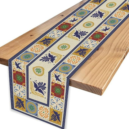 Mexican Table Runner, Blue Floral Birds Mexico Talavera Ceramic Dia De Los Muertos Coffee Table Center Decor for Family Home Kitchen and Dining Farmhouse Indoor Outdoor Table Decorations, 13" X 36"