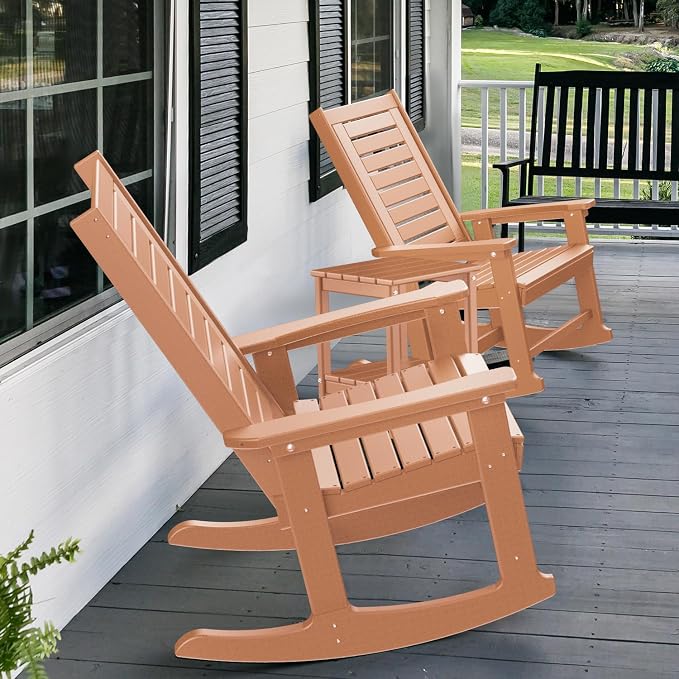 GREENVINES Outdoor Rocking Chairs Set, 2 Rockers w/ 1 Side Table, Teak | - Image 6