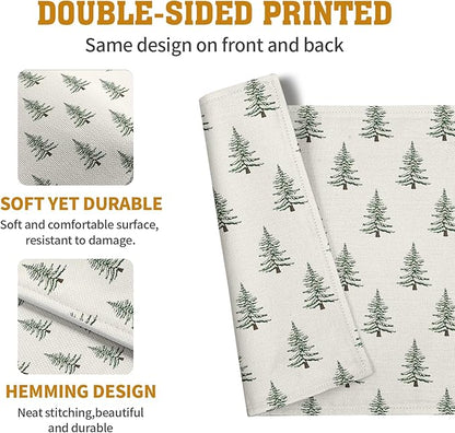 Pine Trees Christmas Placemats Set of 4 Xmas Tree Vintage Rustic Print Place Mats Winter Holiday Green White Farmhouse Linen Table Mats for Indoor Outdoor Kitchen Dining Party Decor