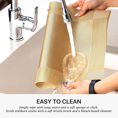 LEXMORE Placemats Set of 6 Vinyl/Plastic Woven Place Mats for Kitchen Table Indoor/Outdoor Washable Placemat Wipeable Dining Table Mats(Gold Cube)