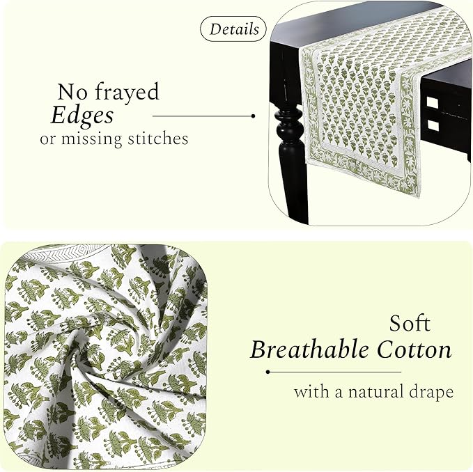CPC Cotton Table Runner 16x90 Inch Block Printed Long Fall Table Runner for Dining Table, Card Table, Coffee Table, Wedding, Farmhouse & Outdoor Barbeque-Emerald Green