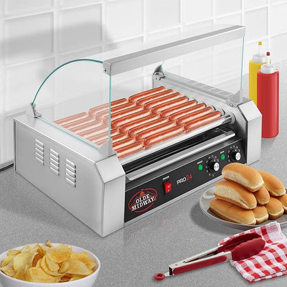 Olde Midway Electric 24 Hot Dog 9 Roller Grill Cooker Machine with Cover 1200-Watt - Commercial Grade