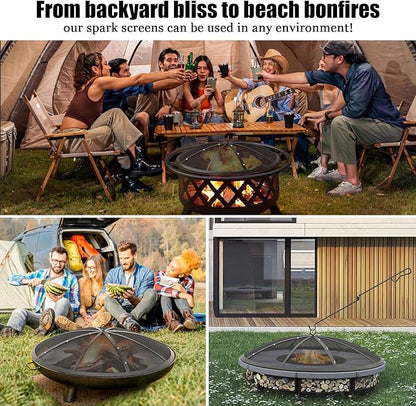 Fire Pit Spark Screen, 40Inch Fire Pit Lid Outdoor with Handle & Poker, Heavy-Duty Mesh Firepit Cove with 12 Reinforced Bars for Backyard/Beach/RV Camping