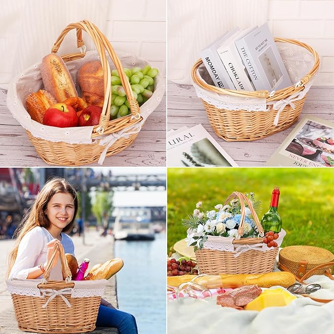 2 Pack Natural Wicker Basket with Linen Lining, 14 & 12 Inch Wicker Woven Picnic Basket with Handle for Picnic, Camping, Outdoor Party