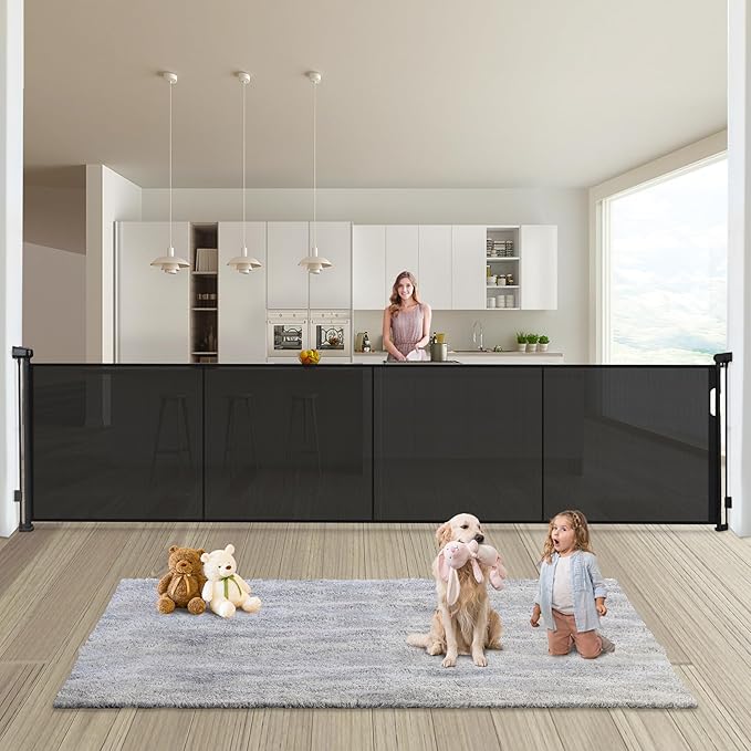 180" Extra Wide Retractable Baby Gates for Large Openings, 42" Extra Tall with Support Rods, Prevent Crawling, Mesh Dog/Pet Gate for Stairs/Doorways, Indoor/Outdoor Use