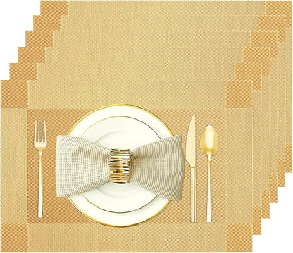 Placemats Set of 6 Washable&Wipeable Place mats for Dining Table Kitchen Indoor Outdoor Table Mats Heat Resistant Non Slip Woven Vinyl Table Placemats (Gold，6PCS)