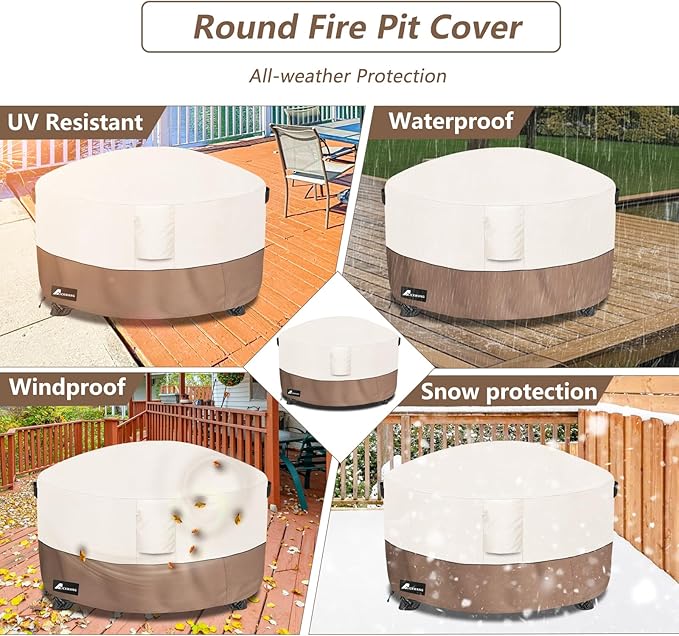 Fire Pit Cover Round 50 Inch Waterproof,Outdoor Heavy Duty Durable 600D Tear-Resistant Fire Pit Table Cover,Patio Round Firepit Cover 50" D x 24" H, Beige