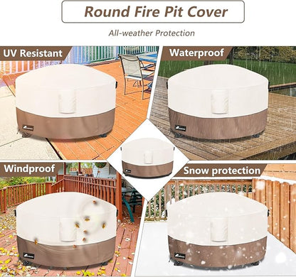 Fire Pit Cover Round 54 Inch Waterproof,Outdoor Heavy Duty Durable 600D Tear-Resistant Fire Pit Table Cover,Patio Round Firepit Cover 54" D x 24" H, Beige