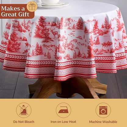 Maison d' Hermine Table Cloth Round Table 100% Cotton 63 Inches Fall Tablecloth Reusable Everyday Use for Thanksgiving Christmas Decorations Dining Farmhouse Party (Winter Jouy)