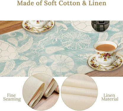 Marine Sea Turtle Table Runner, Ocean Beach Coral Starfish Seashell Table Runner for Kitchen Dining Wedding Party Banquet 13x60in