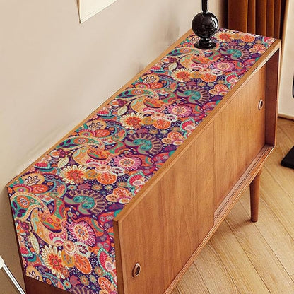 Purple Paisley Table Runner, Rustic Damask Antique Floral Flower Retro Boho Mandala Indian Bohemian Vintage Table Center Decor for Family Kitchen and Living Room Country Table Decorations, 13" X 72"